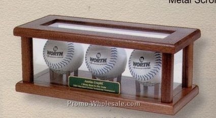 6"x12"x4" Three Ball Baseball Case Solid Walnut And Glass Display