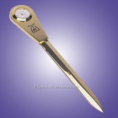 7-1/4"x1-1/4"x1-8" Gold Plated Letter Opener W/ Clock (Engraved)