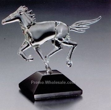 7-1/4"x5-1/2" Hand Blown Crystal Mustang Horse Sculpture W/ Marble Base