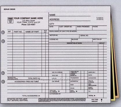 8-1/2"x7" 3 Part Repair Order W/ Carbons