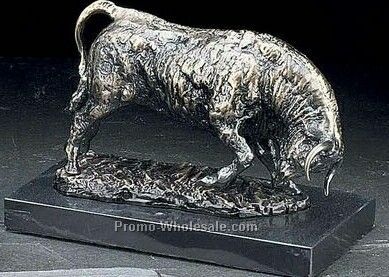 Antique Brass Market Maker Bull On Marble Sculpture