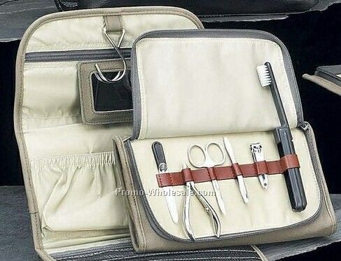 Manicure & Toiletry Bag With Hanger In Ultra Suede & Leather Case