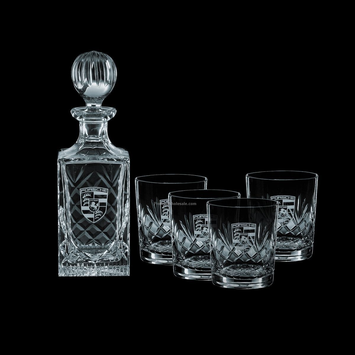 Medallion Decanter & 4 On The Rocks Glasses