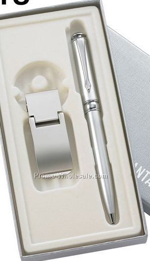 Silver Ball Point Pen With Silver Money Clip - 2 Piece Gift Set