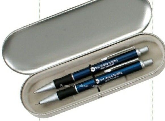 The Blue B33 Pencil And Ballpoint Pen In A Silver Metal Gift Box