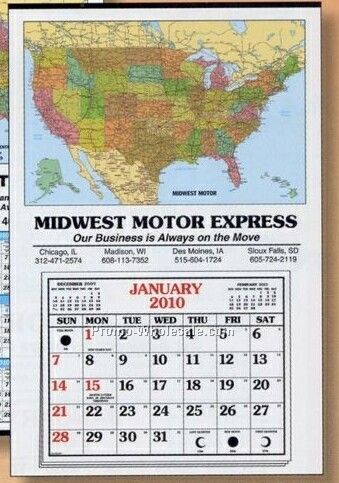 25"x38" Color Coded U. S. Map Full Apron Calendar - Thru 04/30/09