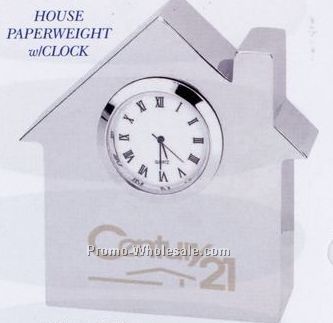 3-1/4"x3-1/2"x7/8" Metal House Paperweight With Clock