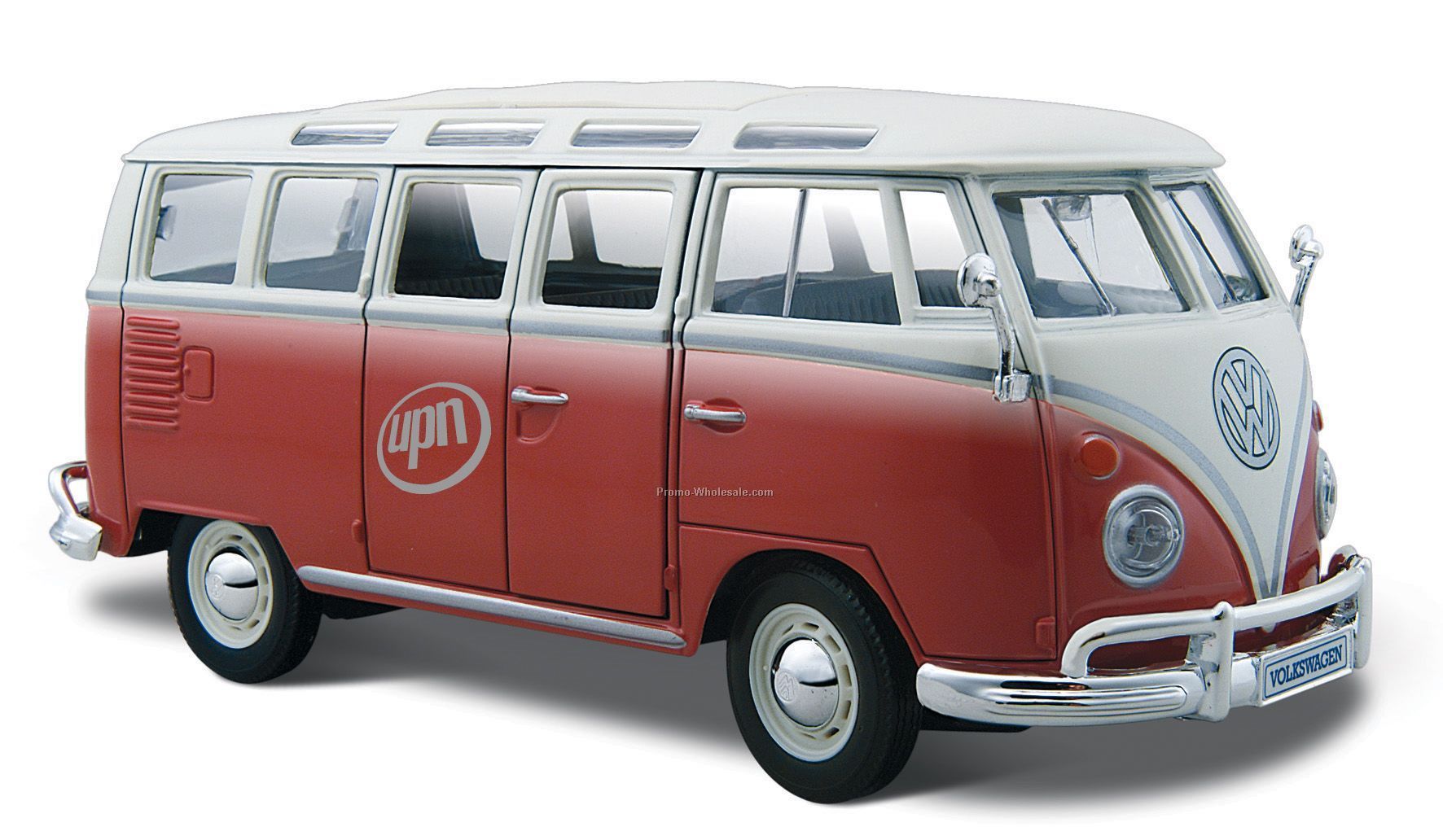 7"x2-1/2"x3" Red/White Vw Samba Bus Die Cast Replica Car