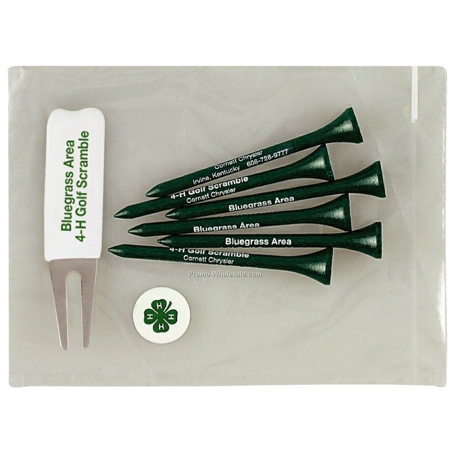 Golf Tee Pack - Six 2-3/4" Tees / 1 Metal Divot Tool/ 1 Ball Marker