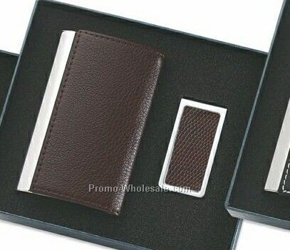 Leatherette Metal Card Case With Matching Money Clip - Brown