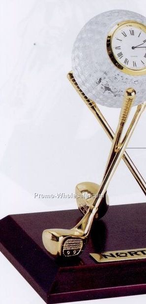 Minya Crystal Golf Clock W/Gold Plated Brass Golf Club Stand