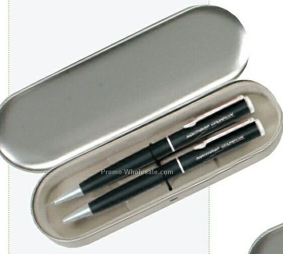 Pencil And Ballpoint Pen In A Silver Metal Gift Box