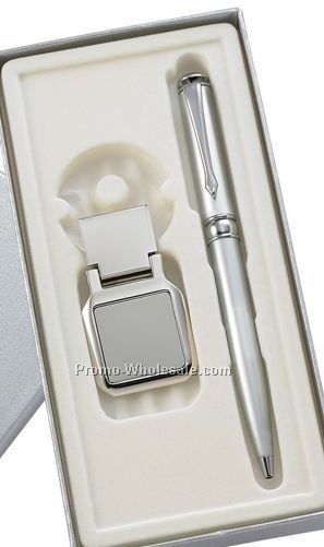 Silver Ball Point Pen With Silver Money Clip W/Square Panel - 2 Piece Gift