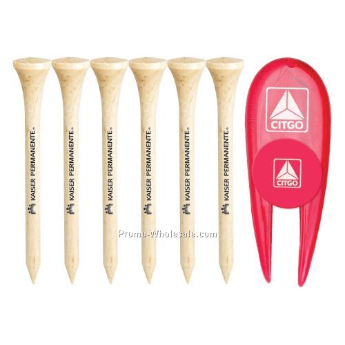 Six Wooden 2-3/4" Golf Tees With Divot Tool & Ball Marker